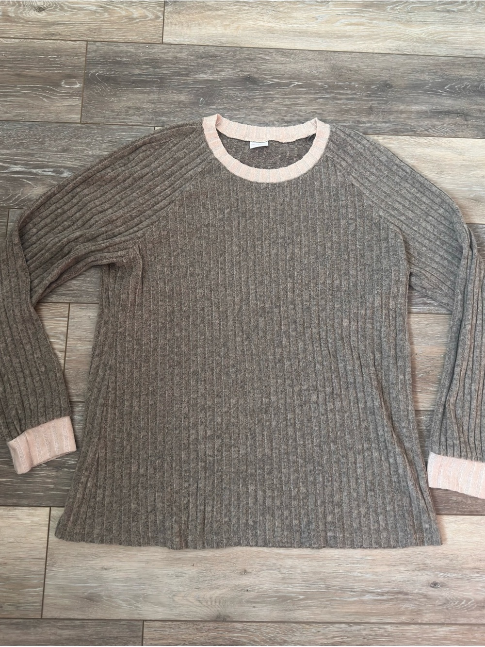 Ribbed Crewneck Sweater in Taupe with Beige Trim